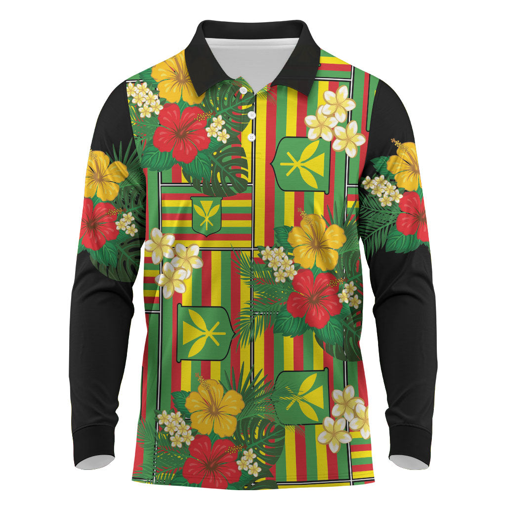 Hawaii Kanaka Maoli Hibiscus Long Sleeve Polo Shirt Hawaiian Flag Motif LT9 Green - Polynesian Pride