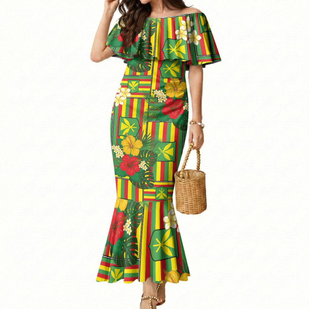 Hawaii Kanaka Maoli Hibiscus Mermaid Dress Hawaiian Flag Motif LT9 Women Green - Polynesian Pride