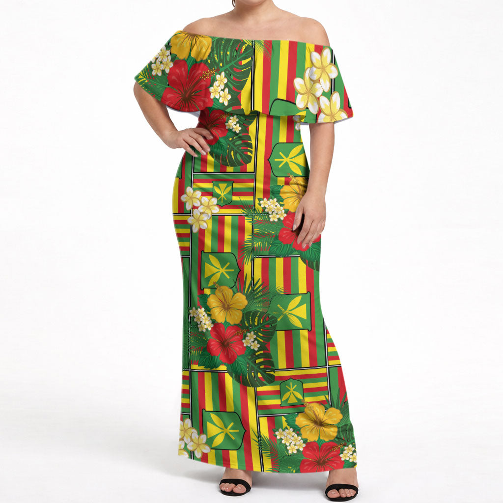 Hawaii Kanaka Maoli Hibiscus Off Shoulder Maxi Dress Hawaiian Flag Motif LT9 Women Green - Polynesian Pride