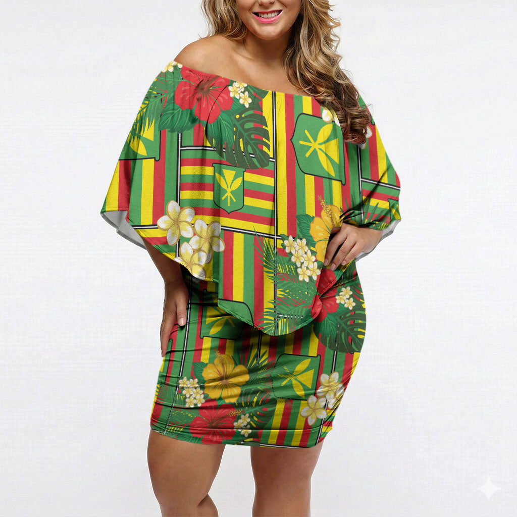 Hawaii Kanaka Maoli Hibiscus Off Shoulder Short Dress Hawaiian Flag Motif LT9 Women Green - Polynesian Pride