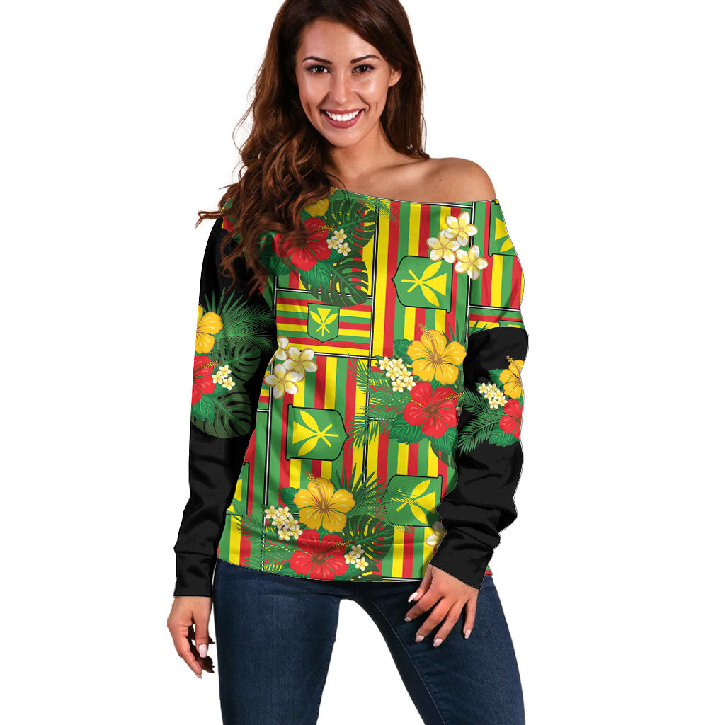 Hawaii Kanaka Maoli Hibiscus Off Shoulder Sweater Hawaiian Flag Motif LT9 Women Green - Polynesian Pride