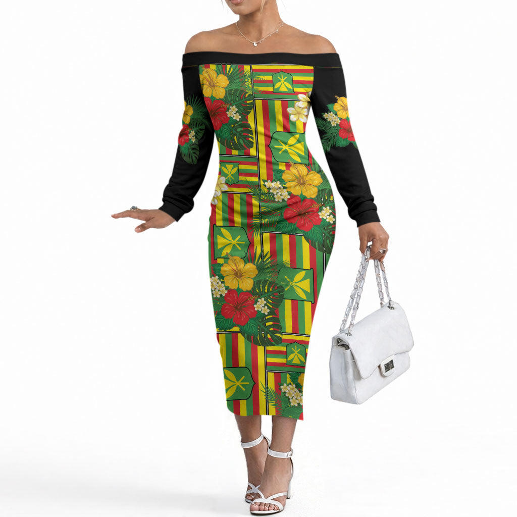 Hawaii Kanaka Maoli Hibiscus Off The Shoulder Long Sleeve Dress Hawaiian Flag Motif LT9 Women Green - Polynesian Pride