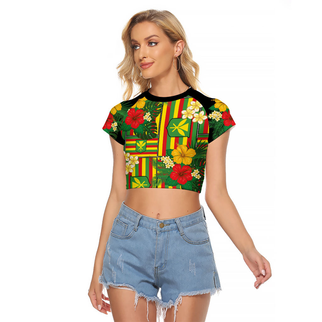 Hawaii Kanaka Maoli Hibiscus Raglan Cropped T Shirt Hawaiian Flag Motif LT9 Female Green - Polynesian Pride