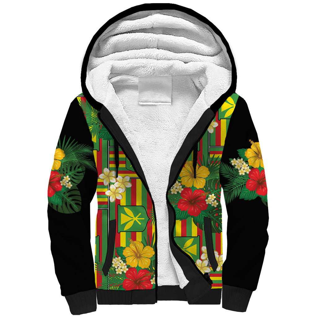 Hawaii Kanaka Maoli Hibiscus Sherpa Hoodie Hawaiian Flag Motif LT9 Unisex Green - Polynesian Pride
