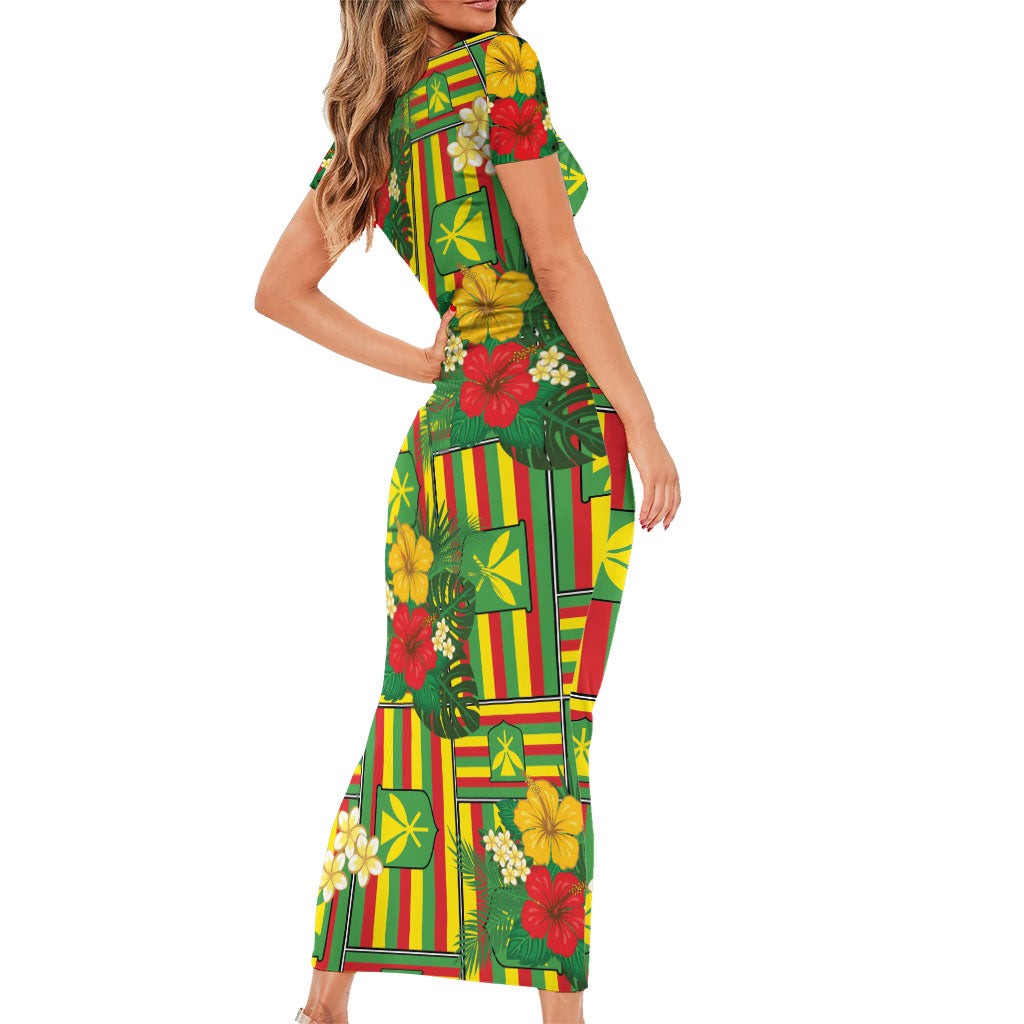 Hawaii Kanaka Maoli Hibiscus Short Sleeve Bodycon Dress Hawaiian Flag Motif LT9 - Polynesian Pride