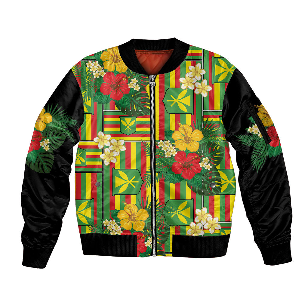 Hawaii Kanaka Maoli Hibiscus Sleeve Zip Bomber Jacket Hawaiian Flag Motif LT9 Unisex Green - Polynesian Pride