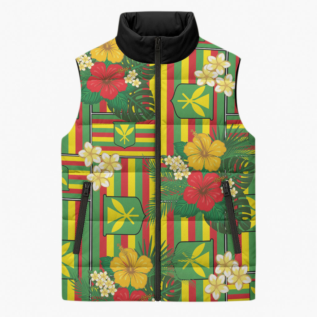 Hawaii Kanaka Maoli Hibiscus Sleeveless Puffer Jacket Hawaiian Flag Motif LT9 Unisex Green - Polynesian Pride