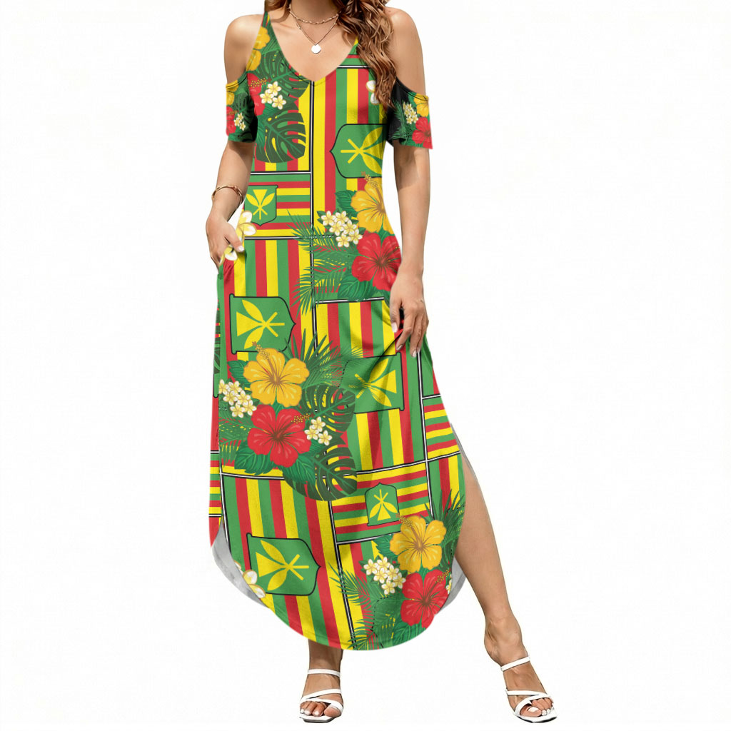 Hawaii Kanaka Maoli Hibiscus Summer Maxi Dress Hawaiian Flag Motif LT9 Women Green - Polynesian Pride