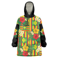 Hawaii Kanaka Maoli Hibiscus Wearable Blanket Hoodie Hawaiian Flag Motif LT9 One Size Green - Polynesian Pride