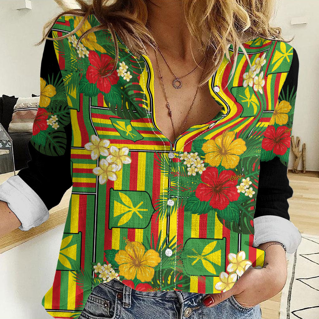 Hawaii Kanaka Maoli Hibiscus Women Casual Shirt Hawaiian Flag Motif LT9 Female Green - Polynesian Pride