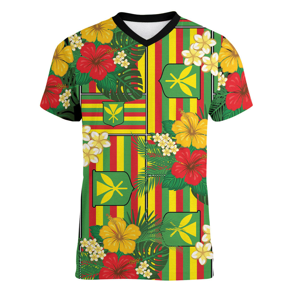 Hawaii Kanaka Maoli Hibiscus Women V-Neck T-Shirt Hawaiian Flag Motif LT9 Female Green - Polynesian Pride