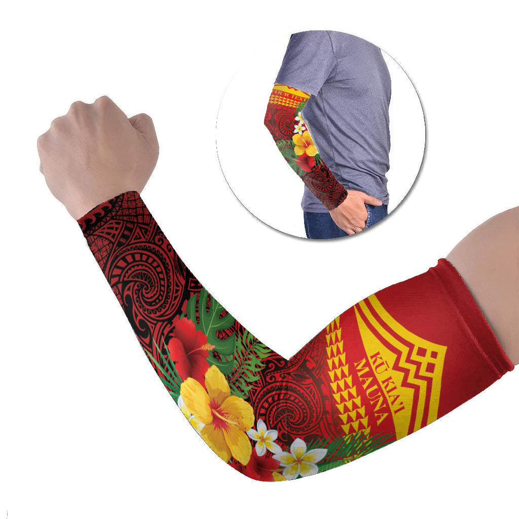 Hawaii Ku Kia'i Mauna Personalized Arm Sleeves Hibiscus Kakau Pattern LT9 Set of 2 Red - Polynesian Pride