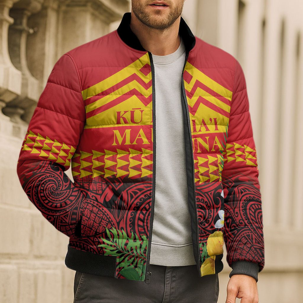 Hawaii Ku Kia'i Mauna Personalized Bomber Puffer Jacket Hibiscus Kakau Pattern