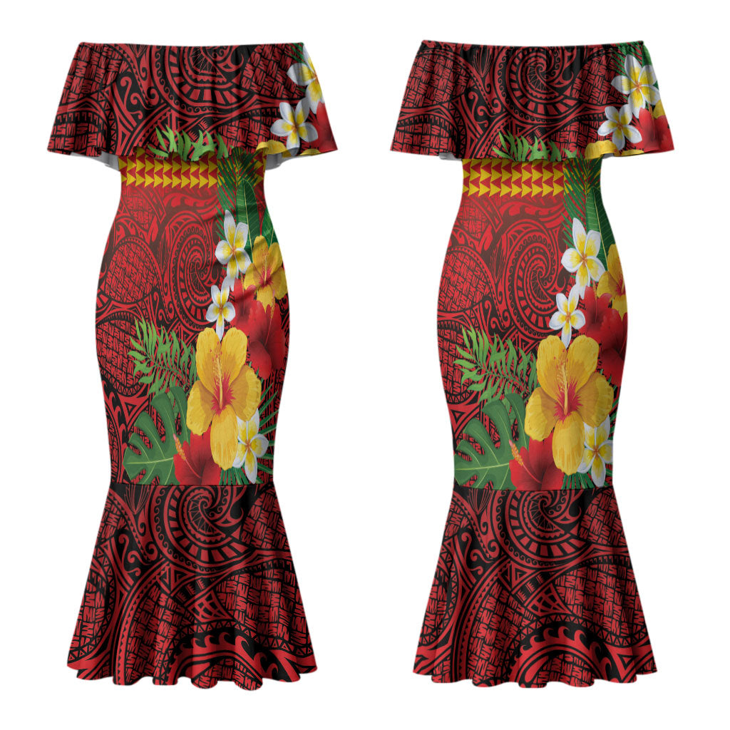 Hawaii Ku Kia'i Mauna Personalized Couples Matching Mermaid Dress and Long Sleeve Button Shirt Hibiscus Kakau Pattern LT9 - Polynesian Pride