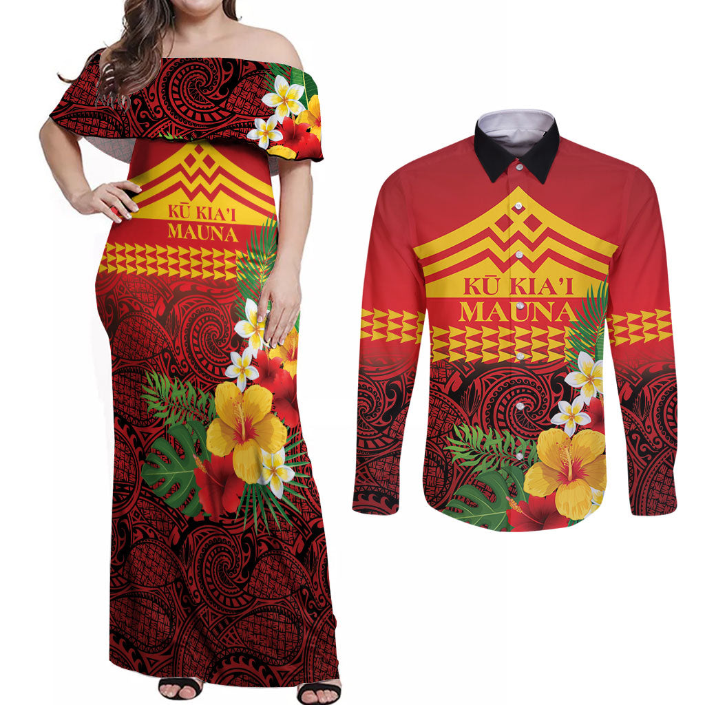 Hawaii Ku Kia'i Mauna Personalized Couples Matching Off Shoulder Maxi Dress and Long Sleeve Button Shirt Hibiscus Kakau Pattern