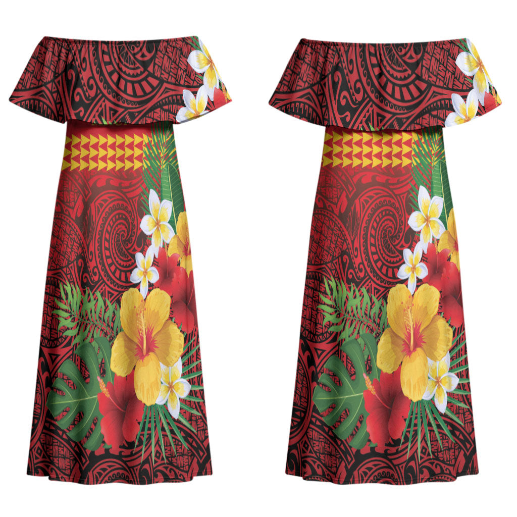 Hawaii Ku Kia'i Mauna Personalized Couples Matching Off Shoulder Maxi Dress and Long Sleeve Button Shirt Hibiscus Kakau Pattern LT9 - Polynesian Pride