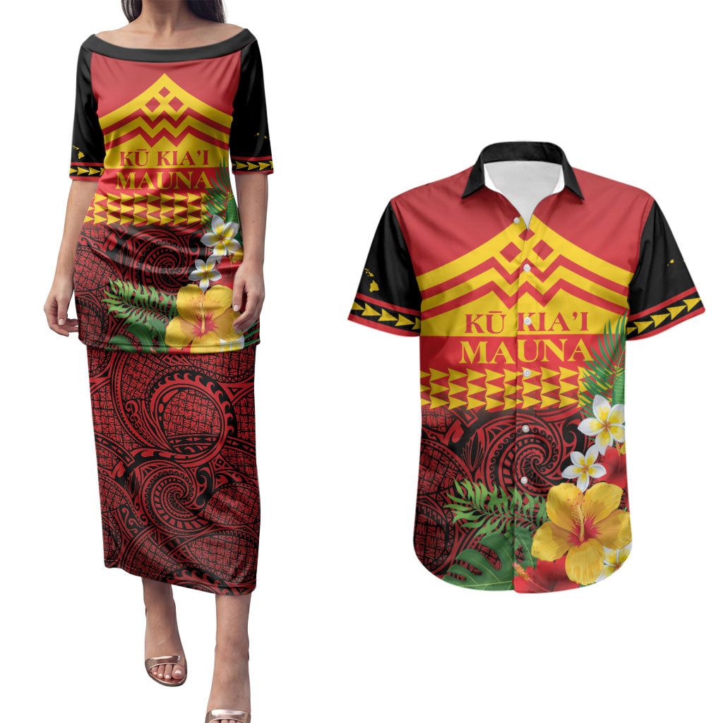 Hawaii Ku Kia'i Mauna Personalized Couples Matching Puletasi and Hawaiian Shirt Hibiscus Kakau Pattern LT9 Red - Polynesian Pride