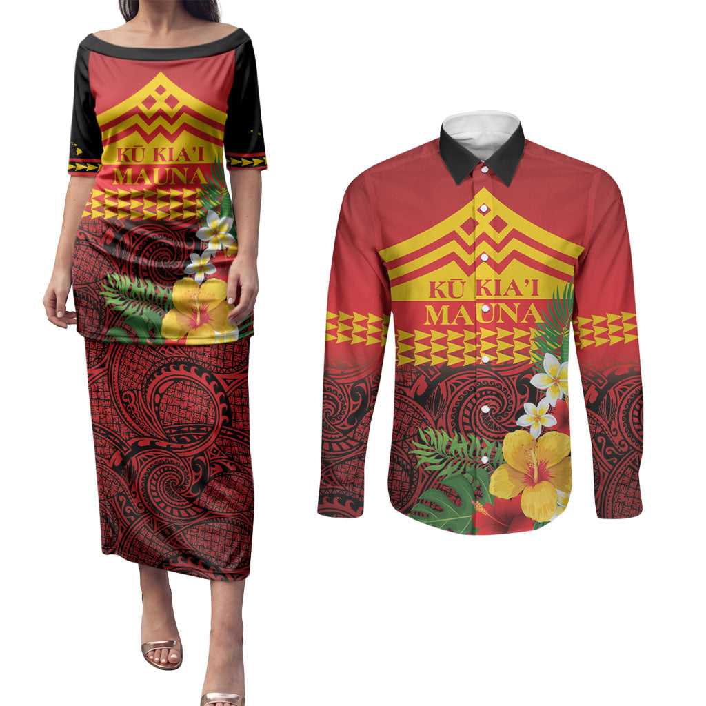 Hawaii Ku Kia'i Mauna Personalized Couples Matching Puletasi and Long Sleeve Button Shirt Hibiscus Kakau Pattern LT9 Red - Polynesian Pride
