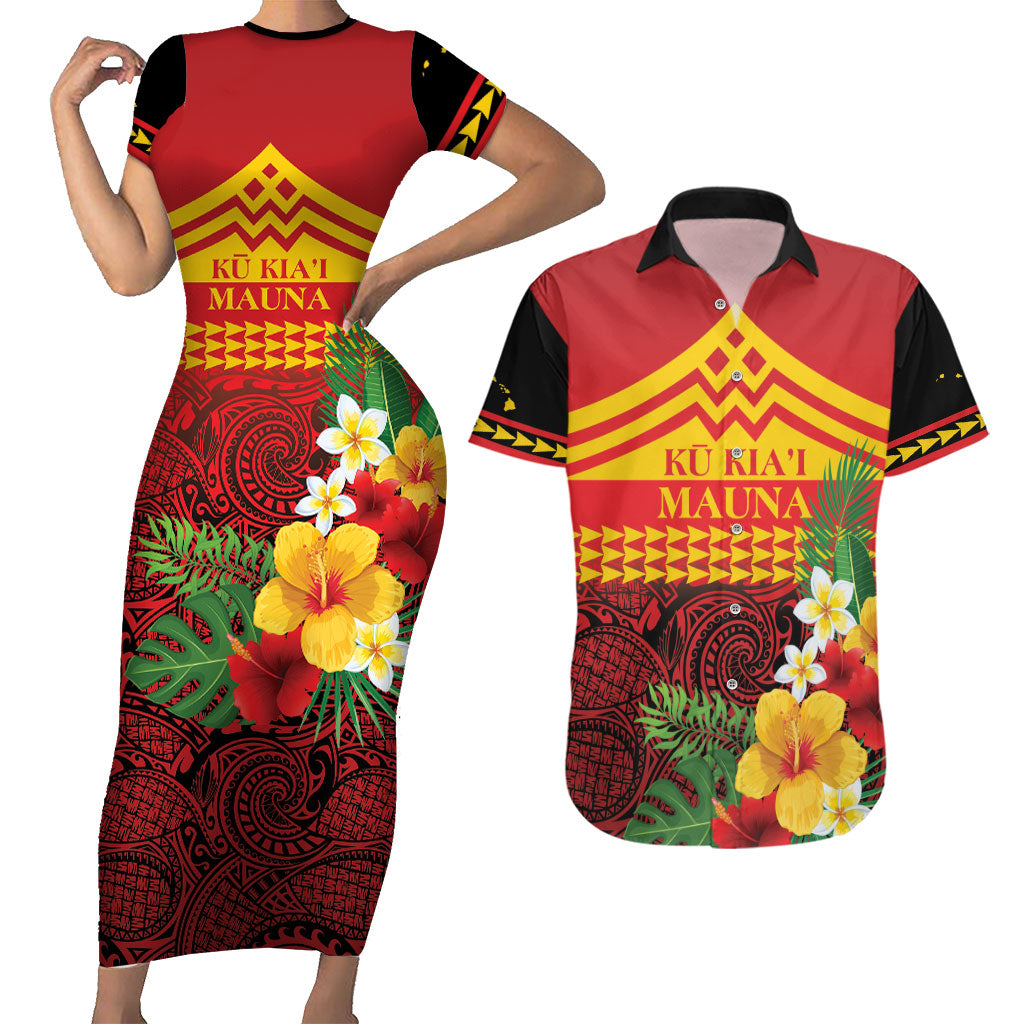 Hawaii Ku Kia'i Mauna Personalized Couples Matching Short Sleeve Bodycon Dress and Hawaiian Shirt Hibiscus Kakau Pattern LT9 Red - Polynesian Pride