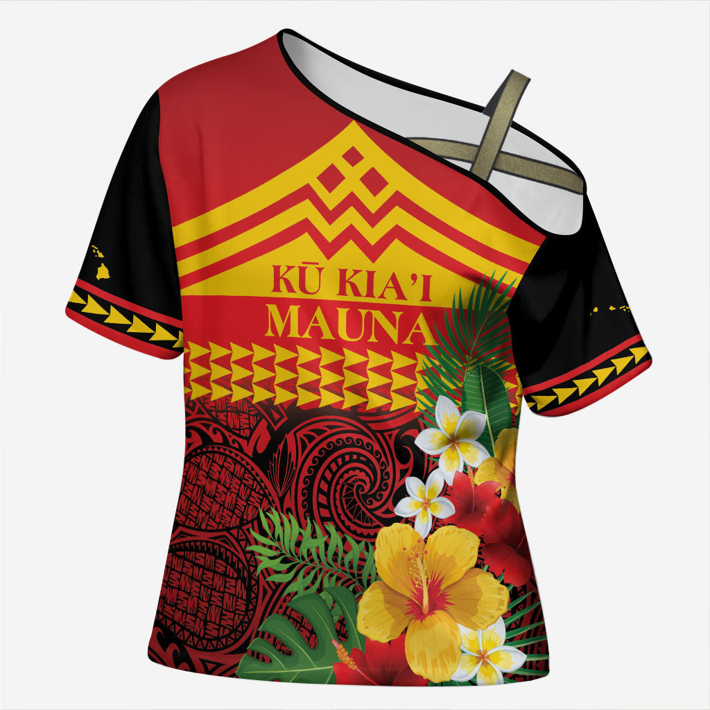 Hawaii Ku Kia'i Mauna Personalized Cross Shoulder Shirt Hibiscus Kakau Pattern LT9 Female Red - Polynesian Pride