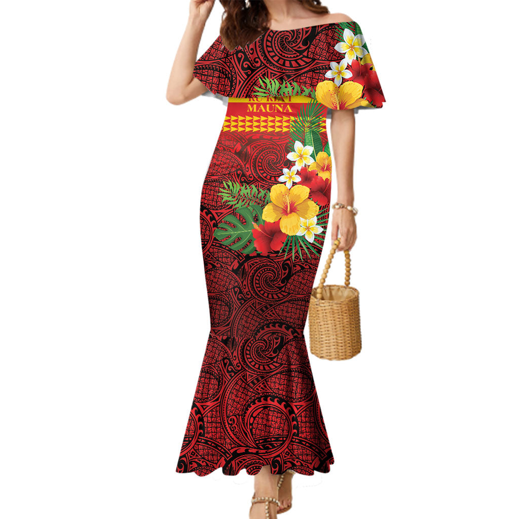 Hawaii Ku Kia'i Mauna Personalized Family Matching Mermaid Dress and Hawaiian Shirt Hibiscus Kakau Pattern LT9 Mom's Dress Red - Polynesian Pride