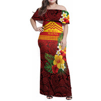 Hawaii Ku Kia'i Mauna Personalized Family Matching Off Shoulder Maxi Dress and Hawaiian Shirt Hibiscus Kakau Pattern LT9 Mom's Dress Red - Polynesian Pride
