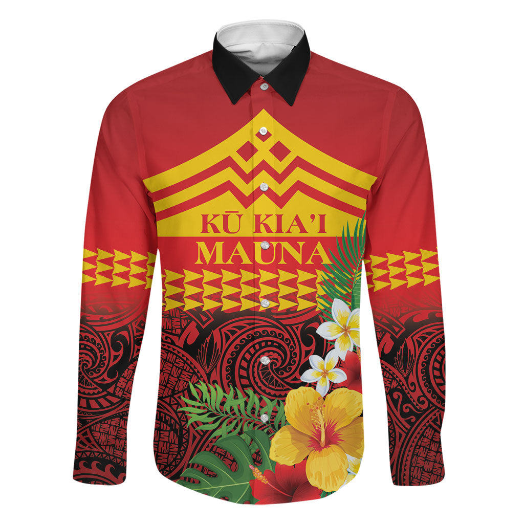 Hawaii Ku Kia'i Mauna Personalized Family Matching Off Shoulder Short Dress and Hawaiian Shirt Hibiscus Kakau Pattern LT9 Dad's Shirt - Long Sleeve Red - Polynesian Pride