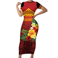 Hawaii Ku Kia'i Mauna Personalized Family Matching Short Sleeve Bodycon Dress and Hawaiian Shirt Hibiscus Kakau Pattern LT9 Mom's Dress Red - Polynesian Pride