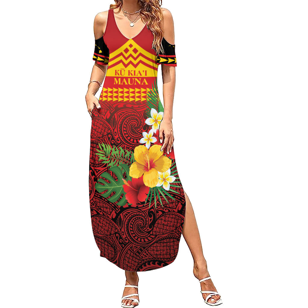 Hawaii Ku Kia'i Mauna Personalized Family Matching Summer Maxi Dress and Hawaiian Shirt Hibiscus Kakau Pattern LT9 Mom's Dress Red - Polynesian Pride