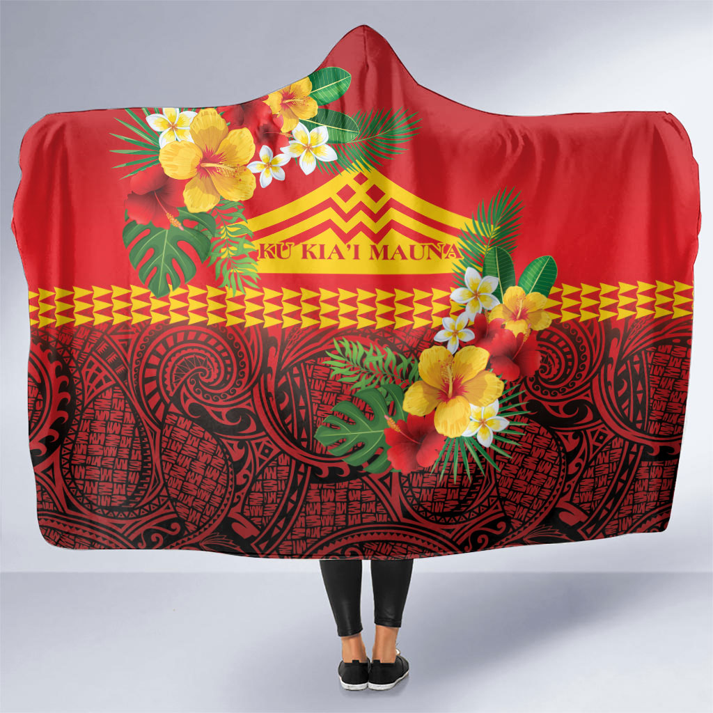 Hawaii Ku Kia'i Mauna Hooded Blanket Hibiscus Kakau Pattern LT9 One Size Red - Polynesian Pride