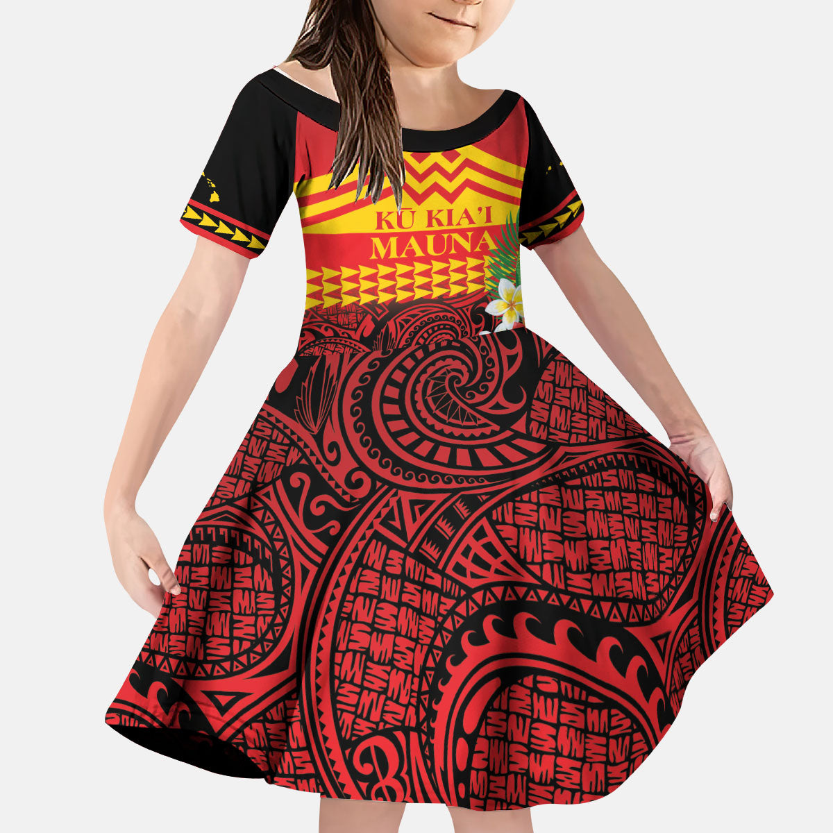 Hawaii Ku Kia'i Mauna Personalized Kid Short Sleeve Dress Hibiscus Kakau Pattern