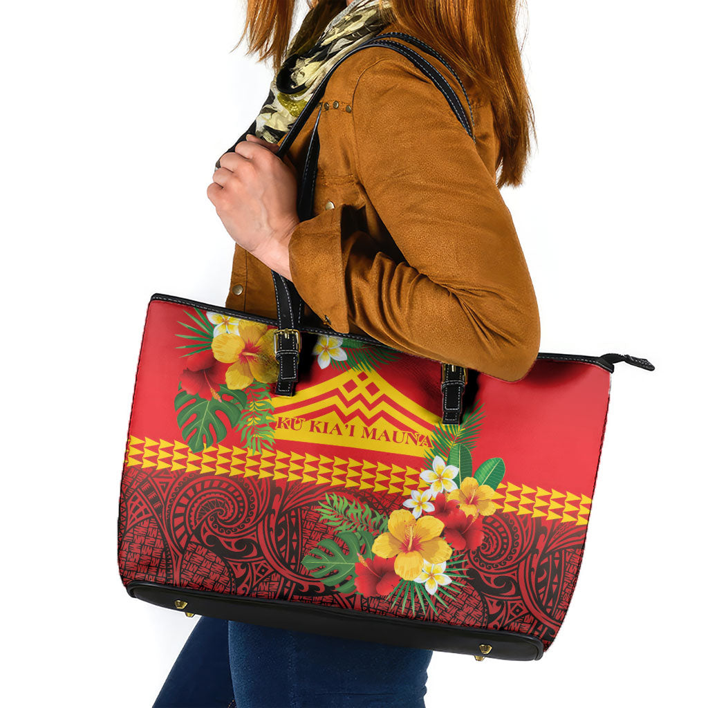 Hawaii Ku Kia'i Mauna Leather Tote Bag Hibiscus Kakau Pattern LT9 Red - Polynesian Pride
