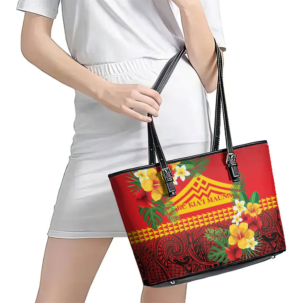 Hawaii Ku Kia'i Mauna Leather Tote Bag Hibiscus Kakau Pattern