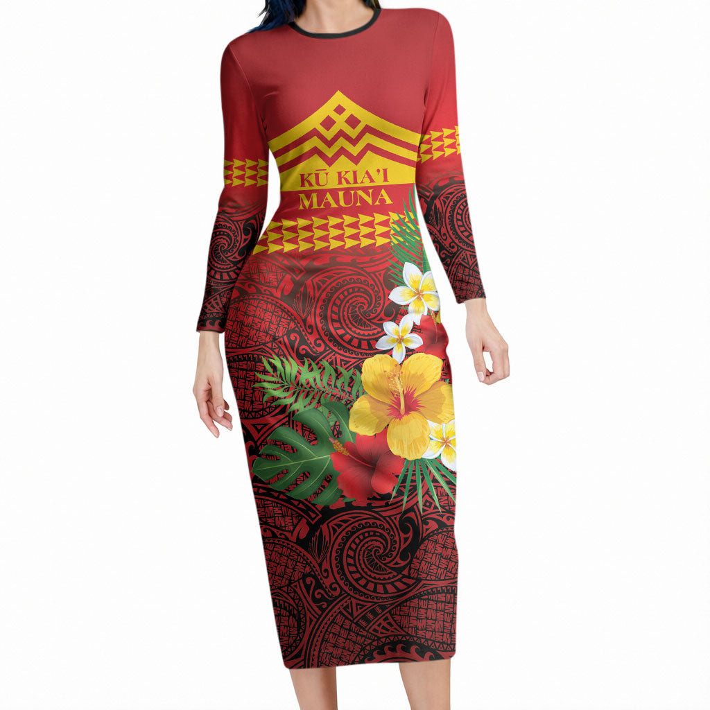Hawaii Ku Kia'i Mauna Personalized Long Sleeve Bodycon Dress Hibiscus Kakau Pattern LT9 Long Dress Red - Polynesian Pride