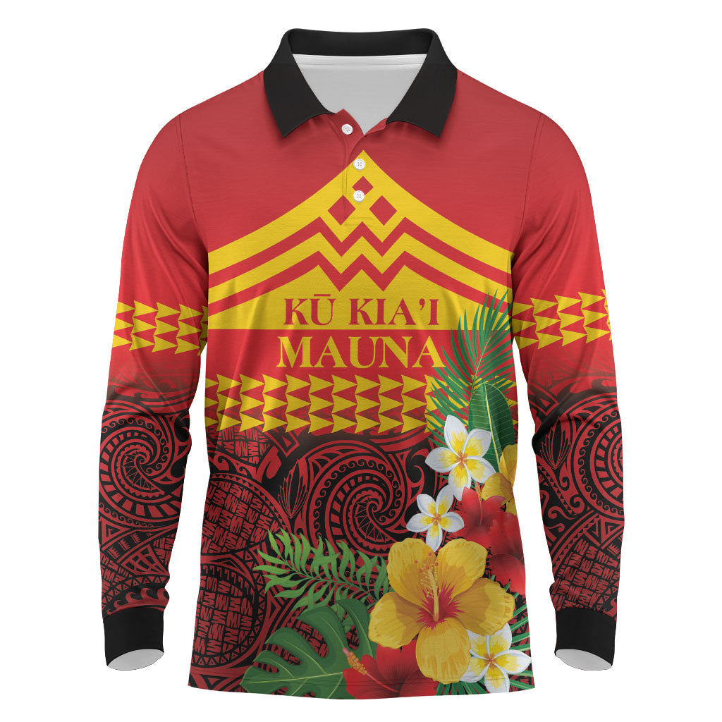 Hawaii Ku Kia'i Mauna Personalized Long Sleeve Polo Shirt Hibiscus Kakau Pattern LT9 Red - Polynesian Pride
