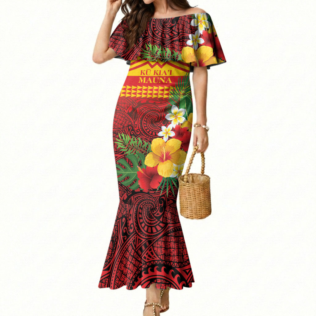 Hawaii Ku Kia'i Mauna Personalized Mermaid Dress Hibiscus Kakau Pattern LT9 Women Red - Polynesian Pride