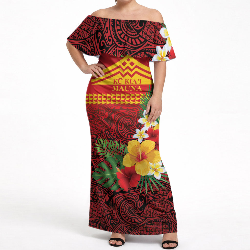 Hawaii Ku Kia'i Mauna Personalized Off Shoulder Maxi Dress Hibiscus Kakau Pattern LT9 Women Red - Polynesian Pride