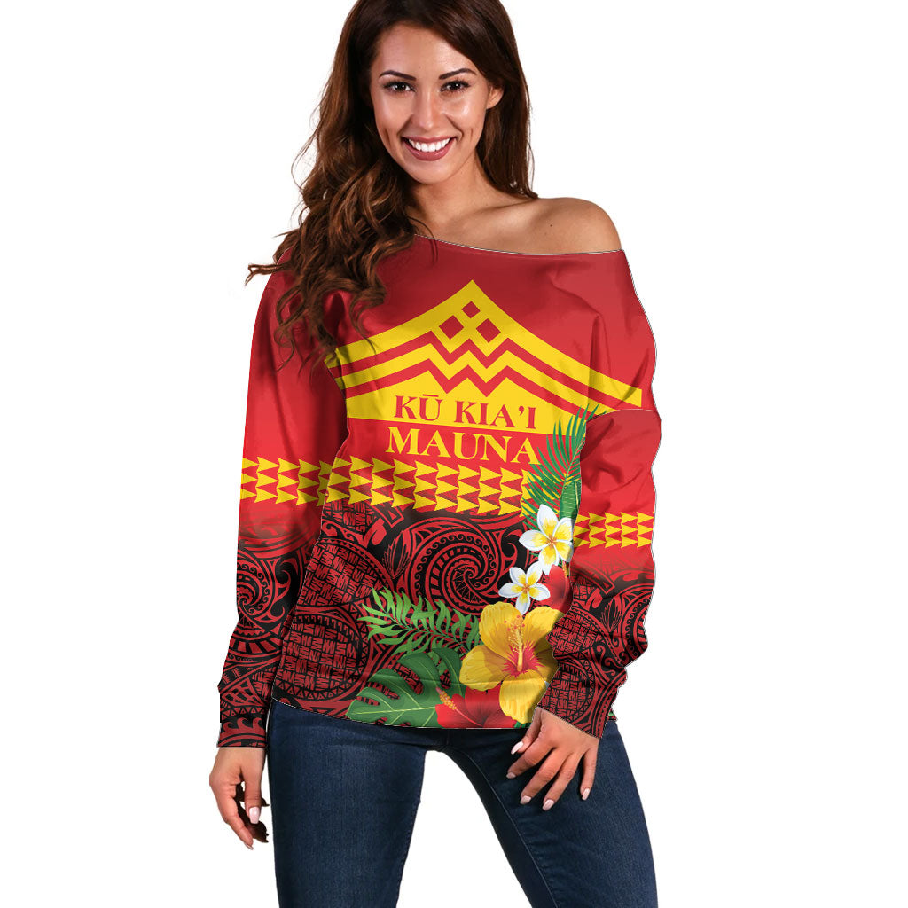 Hawaii Ku Kia'i Mauna Personalized Off Shoulder Sweater Hibiscus Kakau Pattern LT9 Women Red - Polynesian Pride