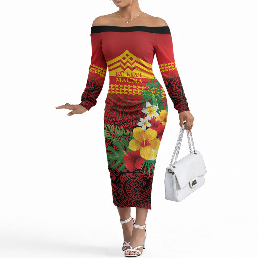 Hawaii Ku Kia'i Mauna Personalized Off The Shoulder Long Sleeve Dress Hibiscus Kakau Pattern LT9 Women Red - Polynesian Pride