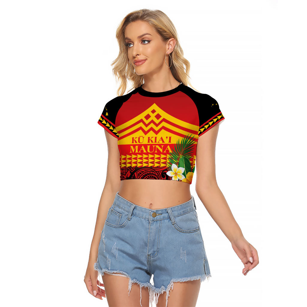 Hawaii Ku Kia'i Mauna Personalized Raglan Cropped T Shirt Hibiscus Kakau Pattern LT9 Female Red - Polynesian Pride