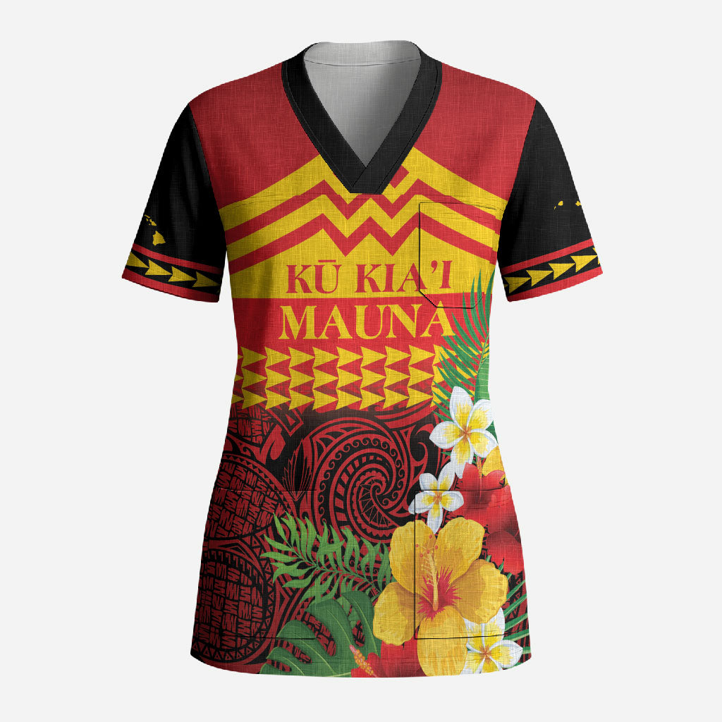 Hawaii Ku Kia'i Mauna Personalized Scrub Top Hibiscus Kakau Pattern