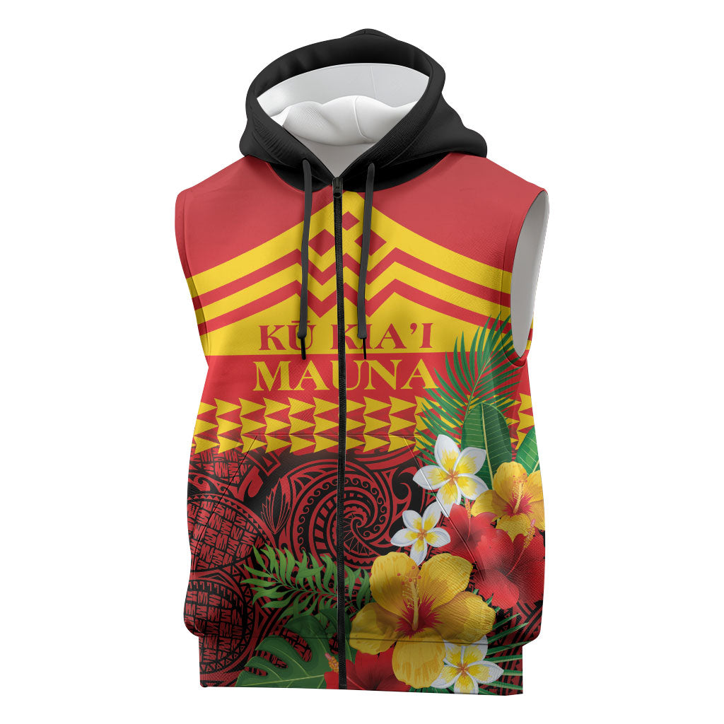 Hawaii Ku Kia'i Mauna Personalized Sleeveless Zip Hoodie Hibiscus Kakau Pattern LT9 Red - Polynesian Pride