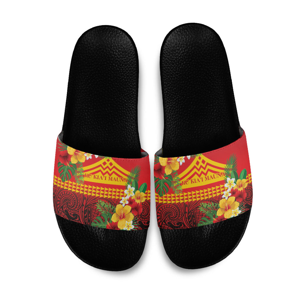 Hawaii Ku Kia'i Mauna Slide Sandals Hibiscus Kakau Pattern LT9 Red - Polynesian Pride