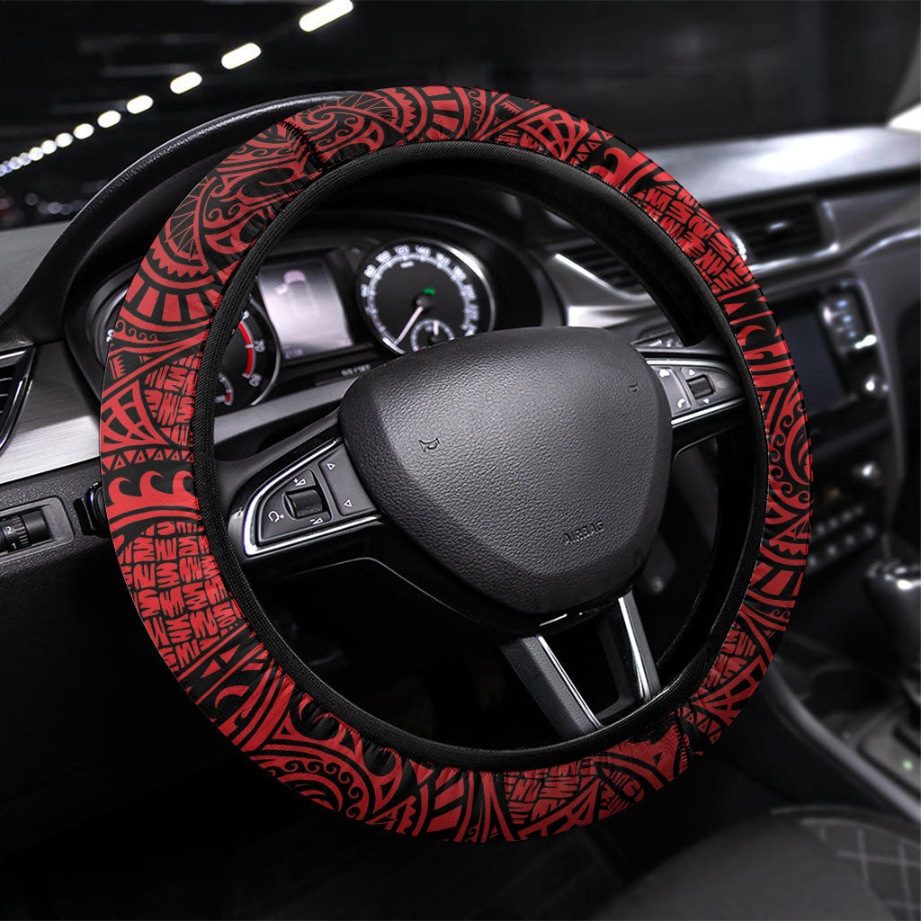 Hawaii Ku Kia'i Mauna Steering Wheel Cover Hibiscus Kakau Pattern LT9 Universal Fit Red - Polynesian Pride