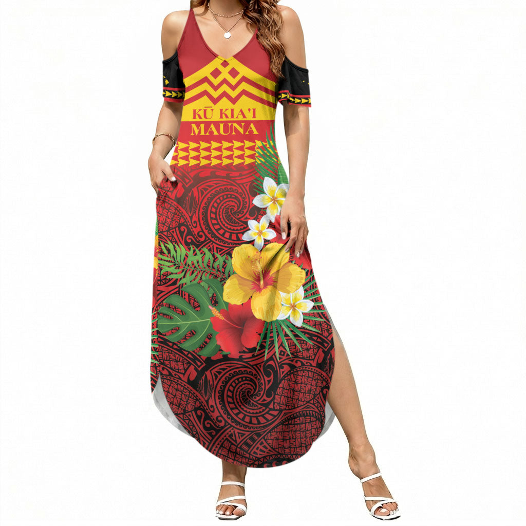 Hawaii Ku Kia'i Mauna Personalized Summer Maxi Dress Hibiscus Kakau Pattern LT9 Women Red - Polynesian Pride