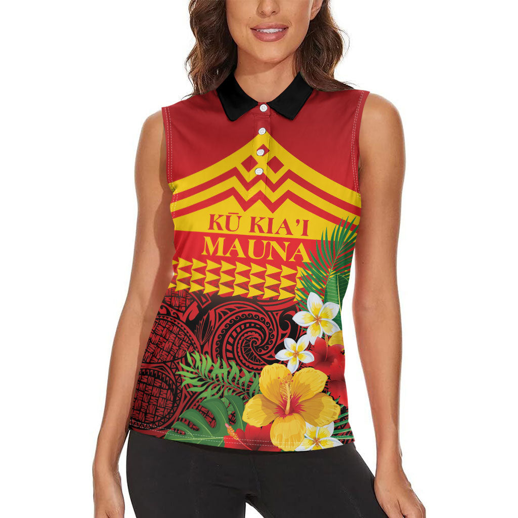 Hawaii Ku Kia'i Mauna Personalized Women Sleeveless Polo Shirt Hibiscus Kakau Pattern