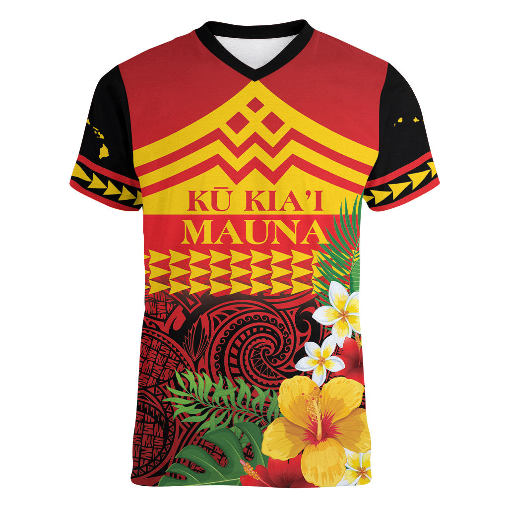 Hawaii Ku Kia'i Mauna Personalized Women V-Neck T-Shirt Hibiscus Kakau Pattern LT9 Female Red - Polynesian Pride