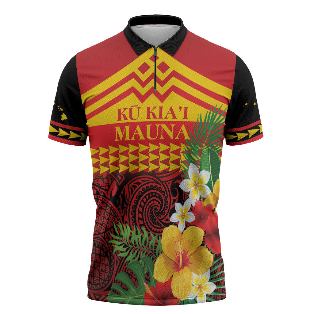 Hawaii Ku Kia'i Mauna Personalized Zipper Polo Shirt Hibiscus Kakau Pattern