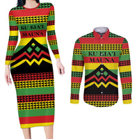 Hawaii Ku Kia'i Mauna Personalized Couples Matching Long Sleeve Bodycon Dress and Long Sleeve Button Shirt Hawaiian Kanaka Maoli Motif LT9 Green - Polynesian Pride