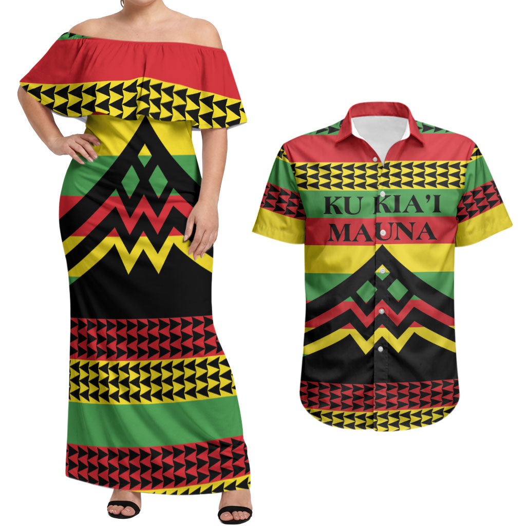 Hawaii Ku Kia'i Mauna Personalized Couples Matching Off Shoulder Maxi Dress and Hawaiian Shirt Hawaiian Kanaka Maoli Motif LT9 Green - Polynesian Pride